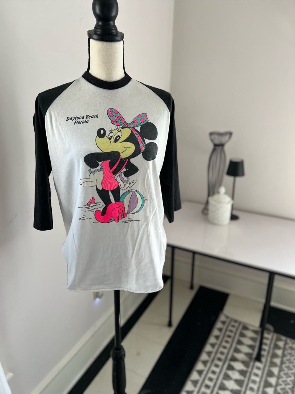 Minnie Mouse Daytona Beach Raglan Tee - Black & White